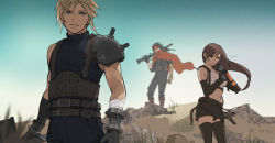 Rule 34 | 1girl, 2boys, armor, black hair, black skirt, black thighhighs, blonde hair, blue eyes, blue sky, blurry, blurry background, breasts, brown hair, cape, cloud strife, crop top, detached sleeves, final fantasy, final fantasy vii, final fantasy vii remake, gloves, headband, highres, holding, holding weapon, long hair, looking at viewer, low-tied long hair, midriff, multiple boys, outdoors, red cape, red eyes, red headband, shillo, shoulder armor, skirt, sky, sleeveless, sleeveless turtleneck, spiked hair, standing, suspender skirt, suspenders, sweater, tank top, thighhighs, tifa lockhart, turtleneck, turtleneck sweater, vincent valentine, weapon, white tank top