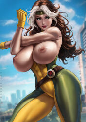 Rule 34 | abs, belt, bodysuit, breasts, breasts out, brown hair, curvy, dandon fuga, gloves, headband, highres, huge breasts, long hair, looking to the side, makeup, marvel, messy hair, multicolored hair, nipples, red lips, rogue (x-men), smile, sretching, standing, superhero costume, thick lips, thick thighs, thighs, tight clothes, two-tone hair, wavy hair, white hair, wide hips, x-men