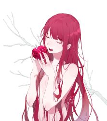 Rule 34 | 1girl, absurdres, apple, branch, closed eyes, collarbone, completely nude, convenient censoring, crystal, crystal apple, food, fruit, highres, holding, holding food, holding fruit, long hair, nude, open mouth, original, pink theme, red hair, signature, solo, teeth, tongue, very long hair, white background, yoimon
