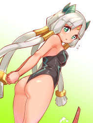 Rule 34 | 1girl, ass, bare shoulders, blush, breasts, cougar (cougar1404), dragon: marked for death, dragon girl, dragon horns, from behind, from below, green eyes, horns, long hair, looking at viewer, medium breasts, one-piece swimsuit, shiny clothes, shiny skin, sideboob, solo, swimsuit, very long hair, white hair