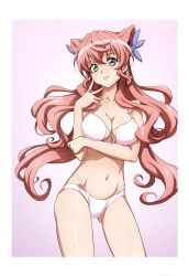 Rule 34 | 1girl, absurdres, arm under breasts, bikini, blue eyes, blush, breast hold, breasts, butterfly hair ornament, cleavage, closed mouth, fujikawa daichi, gluteal fold, gradient background, hair ornament, highres, large breasts, long hair, looking at viewer, maria cadenzavna eve, pink background, pink hair, senki zesshou symphogear, shiny skin, smile, solo, standing, swimsuit, wavy hair, white bikini
