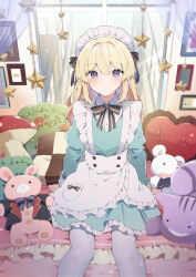 Rule 34 | 1girl, absurdres, alice (alice in wonderland), alice in wonderland, apron, black bow, black ribbon, blonde hair, blue dress, blush, bow, candyfruit (brand), closed mouth, copyright request, dress, hair bow, hair ribbon, heart, heart-shaped pillow, highres, ikeuchi tanuma, long hair, looking at viewer, maid, maid headdress, pantyhose, pillow, purple eyes, ribbon, sitting, solo, stuffed animal, stuffed rabbit, stuffed mouse, stuffed toy, waist apron, white pantyhose