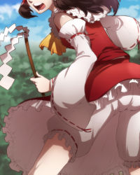 Rule 34 | 1girl, ass, bloomers, brown hair, detached sleeves, female focus, from behind, gohei, hakurei reimu, head out of frame, japanese clothes, matsumoto tomoyohi, miko, open mouth, solo, touhou, underwear