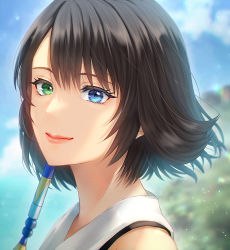 Rule 34 | 1girl, bare shoulders, beads, blue eyes, brown hair, final fantasy, final fantasy x, green eyes, hair beads, hair between eyes, hair ornament, heterochromia, japanese clothes, looking at viewer, outdoors, portrait, shirt, short hair, smile, solo, square enix, white shirt, yuna (ff10)