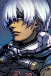 Rule 34 | 1boy, armor, blue background, blue eyes, blue hair, closed mouth, commentary request, dingo egret, hair over one eye, hungry clicker, male focus, one eye covered, simple background, solo, upper body, zone of the enders 2