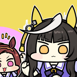 Rule 34 | 2girls, :3, :d, animal ears, black hair, blunt bangs, bow, bowtie, brown hair, calstone light o (umamusume), commentary, ear covers, hime cut, horse ears, horse girl, horseshoe ornament, jazz jack, long hair, looking at viewer, lowres, multiple girls, open mouth, pink eyes, puffy short sleeves, puffy sleeves, purple bow, purple bowtie, purple shirt, sailor collar, sailor shirt, sakura bakushin o (umamusume), school uniform, shirt, short sleeves, smile, tracen school uniform, umamusume, upper body, yellow eyes