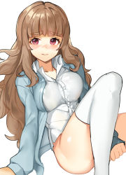 Rule 34 | 1girl, 3:, between legs, blunt bangs, blush, bottomless, breasts, brown hair, cardigan, closed mouth, commentary request, eyebrows, hair bun, hand between legs, idolmaster, idolmaster cinderella girls, kamiya nao, long hair, looking at viewer, medium breasts, nose blush, open cardigan, open clothes, purple eyes, red eyes, school uniform, shirt, shovelwell, simple background, single hair bun, sleeves past wrists, solo, thick eyebrows, thighhighs, thighs, wavy hair, white background, white shirt, white thighhighs
