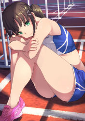 Rule 34 | 1girl, alternate hairstyle, armpit crease, bare shoulders, black hair, blue shorts, blunt bangs, commentary request, crop top, crossed arms, elbows on knees, green eyes, hair ornament, hairclip, highres, hurdle, knees up, kurosawa dia, looking at viewer, love live!, love live! school idol festival, love live! sunshine!!, mole, mole under mouth, pink footwear, ponytail, running track, shoes, shorts, sitting, smile, sneakers, solo, track and field, track uniform, yamaori (yamaorimon)　sports wear