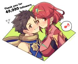 Rule 34 | 1boy, 1girl, blush, breasts, brown hair, earrings, face-to-face, hair ornament, highres, jewelry, large breasts, mochimochi (xseynao), musical note, pyra (xenoblade), red eyes, red hair, rex (xenoblade), short hair, simple background, smile, swept bangs, tiara, white background, xenoblade chronicles (series), xenoblade chronicles 2