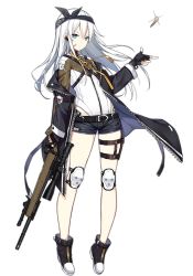 Rule 34 | 1girl, bandaid, bandaid on face, belt, blue eyes, bolt-action rifle, bolt action, bullet, darpa xm-3, duplicate, full body, girls&#039; frontline, gloves, gun, hairband, jacket, knee pads, long hair, looking at viewer, lowleg, official art, open mouth, prototype design, rifle, shorts, sniper rifle, solo, standing, thighs, tongue, trigger discipline, weapon, white background, white hair, xm3 (girls&#039; frontline)