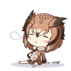 Rule 34 | 10s, 1girl, animal ears, blush, bowl, brown hair, busoushinkimms, chibi, closed mouth, eurasian eagle owl (kemono friends), closed eyes, frown, full body, fume, hand on own stomach, head wings, kemono friends, light brown hair, sigh, sitting, solo, wings