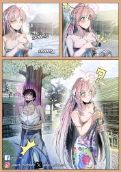 1boy 1girl ? bdsm blue_archive blue_sarong bondage bound braid breasts cleavage commentary facebook_username green_eyes greyscale halo hanako_(blue_archive) happy_tree_friends highres holding holding_hose hose instagram_username large_breasts long_hair monochrome naked_towel nort_muhehehe outdoors pink_hair pink_halo plaid_clothes plaid_sarong sarong sensei_(blue_archive) single_braid symbol-only_commentary tank_top towel tree twitter_username very_long_hair white_tank_top