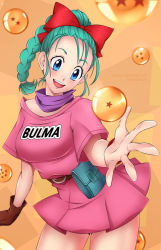 Rule 34 | 1girl, :d, bad id, bad pixiv id, blue eyes, blue hair, braid, braided ponytail, bulma, character name, dragon ball, dragon ball (object), lindaroze, open mouth, ponytail, pouch, single braid, smile, solo, teeth, upper teeth only