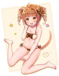 Rule 34 | 1girl, animal ears, bad id, bad pixiv id, barefoot, bikini, blush, bow, breasts, brown eyes, brown hair, cat ears, cat tail, cleavage, collarbone, drill hair, hair bow, navel, short hair, sitting, smile, solo, ssumbi, swimsuit, tail, twin drills, wariza
