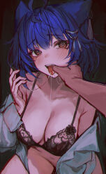 Rule 34 | 1boy, 1girl, absurdres, animal ears, black bra, blue hair, blush, bra, breasts, brown eyes, cat ears, character request, cleavage, collarbone, copyright request, dark background, finger in another&#039;s mouth, hair ornament, heart, heart-shaped pupils, hetero, highres, large breasts, long sleeves, looking at viewer, naokomama, open clothes, open mouth, open shirt, pov, pov hands, saliva, saliva trail, shirt, short hair, solo focus, symbol-shaped pupils, teeth, tongue, tongue out, underwear, white shirt