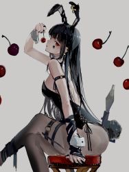 Rule 34 | 1girl, animal ears, arm strap, arm support, ass, black hair, black leotard, brown pantyhose, collar, crossed legs, detached collar, ear piercing, earrings, eating, fake tail, food, from side, fruit, grey background, heart, highres, holding, holding food, holding fruit, jewelry, leotard, long hair, looking at viewer, original, pantyhose, parted lips, piercing, playboy bunny, rabbit ears, rabbit tail, red eyes, ribbon, sankichi (croquette crab), simple background, sitting, stool, tail, thigh strap, white collar, wrist cuffs, wrist ribbon