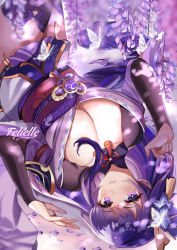 Rule 34 | 1girl, breasts, bridal gauntlets, bug, butterfly, cleavage, felielle, genshin impact, insect, japanese clothes, kimono, large breasts, long hair, looking at viewer, low neckline, obi, purple eyes, purple hair, raiden shogun, sash, signature, solo, thighhighs, upside-down