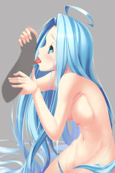 Rule 34 | 10s, 1girl, arched back, blue eyes, blue hair, blush, breasts, censored, disembodied penis, fellatio, granblue fantasy, grey background, highres, leaning forward, licking, licking penis, long hair, lyria (granblue fantasy), medium breasts, mosaic censoring, nipples, nude, oral, penis, simple background, solo focus, unosuke, very long hair