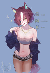 Rule 34 | 2girls, animal ears, bandeau, bare shoulders, black nails, black pantyhose, blue jacket, breasts, brown hair, commentary request, eyepatch, grey bandeau, highres, horse ears, horse girl, horse tail, jacket, jacket partially removed, jewelry, long sleeves, looking at viewer, medium breasts, midriff, mmm (mmm623), multicolored hair, multiple girls, navel, necklace, pantyhose, short shorts, shorts, solo focus, sparkle, streaked hair, tail, tanino gimlet (umamusume), tongue, tongue out, translation request, twitter username, umamusume, vodka (umamusume), white hair