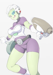 Rule 34 | 10s, 1girl, armor, boots, breasts, cheelai, colored skin, curvy, dragon ball, dragon ball super, female focus, gloves, green-tinted eyewear, green eyes, green skin, gun, highres, hip focus, large breasts, looking at viewer, scouter, short hair, simple background, smile, solo, sweat, tell (teruhisa428), thick thighs, thighs, tinted eyewear, weapon, white background, white hair