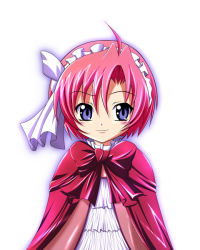 Rule 34 | 00s, 1girl, bow, bowtie, cape, frills, kiddy grade, looking at viewer, maid headdress, pink hair, portrait, purple eyes, red bow, red bowtie, sasa, short hair, simple background, solo, viola (kiddy grade), white background