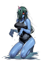 Rule 34 | 1girl, absurdres, black sclera, blue skin, breasts, colored sclera, colored skin, commentary, green hair, hair over face, hair over one eye, highres, horns, kneeling, large breasts, long hair, messy hair, one-piece swimsuit, oni, original, pointy ears, red eyes, school swimsuit, single horn, solo, swimsuit, twinpoo, wet