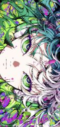 Rule 34 | 1boy, absurdres, blue hair, close-up, closed mouth, expressionless, green eyes, green hair, headphones, highres, looking at viewer, male focus, messy hair, multicolored background, multicolored hair, original, pill, portrait, rakugaki choo, shadow, solo, white hair