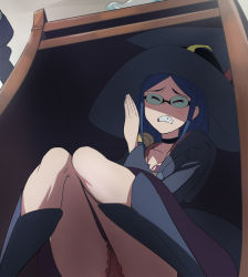 Rule 34 | 10s, 1girl, blue hair, boots, clenched teeth, dress, closed eyes, glasses, haruyama kazunori, hat, knee boots, knees together feet apart, little witch academia, panties, pantyshot, short dress, sitting, teeth, under table, underwear, ursula callistis, witch, witch hat