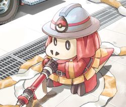 Rule 34 | belt, clothed pokemon, commentary request, creatures (company), drain (object), firefighter, firefighter jacket, fuecoco, game freak, helmet, holding, hose, jacket, looking down, mukiguri, nintendo, no humans, open mouth, pokemon, pokemon (creature), solo
