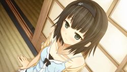 Rule 34 | 1girl, arishima alice, bare shoulders, black eyes, black hair, breasts, collarbone, cura, expressionless, flat (company), game cg, grey eyes, hairband, headband, highres, jewelry, monobeno, necklace, non-web source, off shoulder, pendant, sitting, small breasts, solo, wallpaper