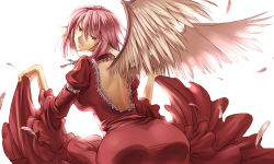 Rule 34 | 1girl, alternate costume, animal ears, ass, back, breasts, dress, feathers, female focus, large breasts, looking back, mystia lorelei, na (801039), aged up, pink hair, red eyes, ribbon, ruukii drift, short hair, smile, solo, touhou, wings