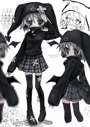 Rule 34 | 1girl, bandaid, bat wings, black hat, black sweater, boots, brown eyes, censored, covered mouth, detached wings, earrings, from behind, grey hair, grey skirt, hat, hexagram, high collar, highres, jester cap, jewelry, long sleeves, looking at viewer, looking back, mayura, mosaic censoring, multiple views, pale skin, plaid, plaid skirt, pleated skirt, r (reijibnuy2), short hair, sketch, skirt, solo, star of david, straight-on, sweater, thigh boots, thighhighs, ukagaka, wings, zettai ryouiki