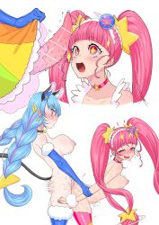 Rule 34 | 1futa, 1girl, :o, ahoge, animal ears, animal penis, aqua gloves, arm held back, bar censor, bare shoulders, belt, bent over, blue hair, blunt bangs, blush, boots, bouncing breasts, braid, breasts, cat ears, cat penis, cat tail, censored, chirimen jakko, choker, clothes lift, collarbone, cure cosmo, cure star, elbow gloves, fur trim, futa with female, futanari, gloves, hair ornament, highres, hoshina hikaru, jewelry, long hair, medium breasts, multicolored hair, multiple girls, multiple views, nipples, open mouth, penis, penis awe, pink hair, pointless censoring, precum, precure, pussy juice, sex, skirt, skirt lift, small breasts, sparkling eyes, star twinkle precure, stomach bulge, sweat, tail, thigh boots, thighhighs, tongue, tongue out, vaginal, yellow eyes, yuni (precure)