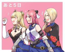 Rule 34 | +++, 3girls, :d, ^ ^, arm belt, arm under breasts, assault lily, bare shoulders, belt, belt buckle, black belt, black cape, black choker, black shirt, blonde hair, blue sailor collar, blue shirt, blue skirt, blush, bodystocking, border, breasts, buckle, cape, choker, cleavage, clenched hand, closed eyes, commentary, countdown, cowboy shot, crop top, detached collar, detached sleeves, drill hair, drill sidelocks, elbow gloves, fingerless gloves, floral print, from side, gloves, green ribbon, grey shirt, hair ornament, hair ribbon, hairpods, halftone, halftone background, hand on another&#039;s arm, hand up, layered sleeves, long hair, long sleeves, looking ahead, lower teeth only, maruyama amane, medium breasts, midriff peek, multiple belts, multiple girls, navel, neckerchief, nigari (ngari 0115), notice lines, o-ring, o-ring choker, odaiba girls high school uniform, open mouth, outside border, parted bangs, pink background, pleated skirt, print cape, profile, purple neckerchief, raised eyebrows, red eyes, red hair, ribbon, saigou kurena, sailor collar, school uniform, serafuku, shiba tomoshibi, shirt, side ponytail, sidelocks, skirt, sleeves past wrists, smile, standing, sweatdrop, teeth, translated, twin drills, undershirt, v-shaped eyebrows, white border, white gloves, white shirt