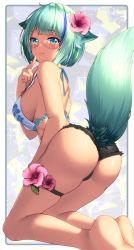 Rule 34 | 1girl, animal ears, ass, bare arms, bare shoulders, barefoot, bikini, black shorts, breasts, commentary request, cutoffs, floppy ears, floral print, flower, fox ears, fox girl, fox tail, fujiya takao, glasses, hair flower, hair ornament, halterneck, halterneck, hibiscus, highres, index finger raised, kneeling, looking at viewer, looking back, medium breasts, micro shorts, multicolored hair, pink-framed eyewear, pink flower, semi-rimless eyewear, short hair, shorts, skindentation, solo, strap gap, streaked hair, swimsuit, tail, tail raised, thigh strap, thighs, tongue, tongue out, vrchat, white bikini, yuyake hino