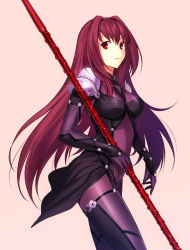 Rule 34 | 1girl, absurdres, bad id, bad pixiv id, bodysuit, breasts, fate/grand order, fate (series), female focus, fuyuki (neigedhiver), gae bolg (fate), hair intakes, highres, large breasts, long hair, pink background, polearm, purple bodysuit, purple hair, red hair, scathach (fate), simple background, solo, very long hair, weapon