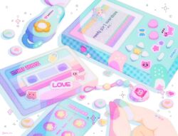 Rule 34 | bandaid, blonde hair, cassette tape, chouzetsusaikawa tenshi-chan, closed eyes, game boy, handheld game console, highres, needy girl overdose, ote mo, pill, pink nails, quad tails, star sticker, sticker