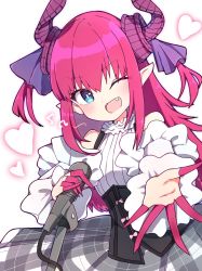 Rule 34 | 1girl, ;d, beckoning, blue eyes, corset, detached sleeves, dragon horns, elizabeth bathory (fate), elizabeth bathory (fate/extra ccc), elizabeth bathory (second ascension) (fate), fang, fate/extra, fate/extra ccc, fate/grand order, fate (series), finger cots, grey skirt, heart, holding, holding microphone, horns, idol, long hair, looking at viewer, microphone, one eye closed, open mouth, pink hair, plaid, plaid skirt, pointy ears, rabiiandrain, reaching, reaching towards viewer, sidelocks, simple background, skirt, sleeveless, smile, solo, two side up, white background