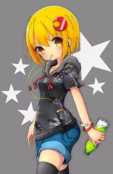 Rule 34 | 1girl, alternate costume, black thighhighs, blonde hair, blue shorts, blush, bottle, commentary request, contemporary, cowboy shot, crescent, crescent hair ornament, earphones, grey background, hair ornament, highres, holding, holding bottle, hood, hood down, hoodie, inon, looking at viewer, lunasa prismriver, no headwear, pocket, short hair, short sleeves, shorts, solo, star (symbol), thighhighs, touhou, yellow eyes