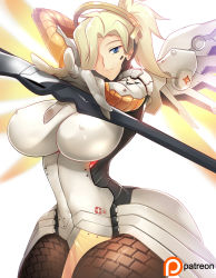 Rule 34 | 1girl, arm up, blonde hair, blue eyes, breasts, covered erect nipples, curvy, haganef, hair over one eye, halo, huge breasts, impossible clothes, large breasts, light smile, long hair, looking at viewer, mechanical halo, mechanical wings, mercy (overwatch), overwatch, overwatch 1, pantyhose, simple background, smile, solo, staff, thick thighs, thighs, white background, wide hips, wings, yellow wings