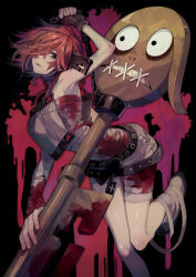 Rule 34 | 1girl, a.b.a, bandages, blood, blood on clothes, bloody weapon, green eyes, guilty gear, guilty gear xx, key, key in head, looking at viewer, object through head, paracelsus (guilty gear), red hair, short hair, suzunashi, weapon