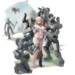 Rule 34 | 1girl, armor, black footwear, blonde hair, blush, breasts, broken armor, damaged, grey eyes, groin, hand on own chest, highres, humanoid robot, large breasts, long hair, looking down, montana (warship girls r), mouth hold, navel, official alternate costume, official art, removing pasties, robot, shy, single barefoot, third-party source, torn clothes, transparent background, very long hair, warship girls r, windforcelan