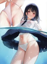 Rule 34 | 1girl, absurdres, black hair, closed mouth, collarbone, detexted, hair ornament, hand up, highres, ichigo-chan (mignon), looking at viewer, mignon, navel, original, page number, panties, partially submerged, pleated skirt, red eyes, school uniform, see-through, shiny skin, short sleeves, simple background, skirt, smile, solo, stomach, third-party edit, underwear, water, water drop, wet, wet clothes, white background