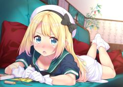 Rule 34 | 1girl, blonde hair, blue eyes, blue sailor collar, blush, commentary request, couch, crayon, dress, foreshortening, gintarou (kurousagi108), gloves, hat, jervis (kancolle), kantai collection, light blush, long hair, looking at viewer, lying, nose blush, on stomach, open mouth, sailor collar, sailor dress, sailor hat, short sleeves, socks, solo, tanabata, white dress, white gloves, white hat, white socks