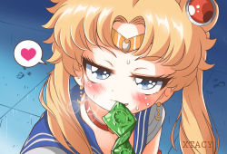 Rule 34 | 1girl, absurdres, bishoujo senshi sailor moon, blonde hair, blue eyes, blush, choker, collarbone, condom, condom in mouth, condom wrapper, crescent, crescent earrings, derivative work, earrings, hair over shoulder, heart, heart choker, highres, jewelry, long hair, looking at viewer, meme, mouth hold, naughty face, parted bangs, sailor collar, sailor moon, sailor moon redraw challenge (meme), solo, sweat, tsukino usagi, twintails, upper body, xtacy