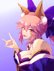 Rule 34 | 1girl, animal ear fluff, animal ears, armor, blue kimono, blue ribbon, breast press, breasts, cleavage, commentary, commentary request, fate/extra, fate/grand order, fate (series), fox, fox ears, fox girl, fox shadow puppet, gradient background, hair ribbon, hand gesture, haruhishugi, highres, japanese armor, japanese clothes, kimono, large breasts, looking at viewer, looking to the side, open mouth, pink hair, ribbon, shadow puppet, sign language, solo, tamamo (fate), tamamo no mae (fate/extra), yellow eyes