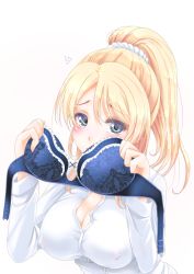 Rule 34 | 1girl, ayase eli, blue bra, blue eyes, blush, bra, unworn bra, breasts, cleavage, dress shirt, covered erect nipples, flying sweatdrops, frapowa, high ponytail, holding, holding bra, holding clothes, holding underwear, lace, lace-trimmed bra, lace trim, large breasts, love live!, love live! school idol project, no bra, ponytail, shirt, solo, underwear, upper body, white background