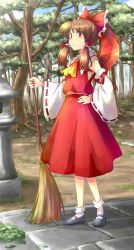 Rule 34 | 1girl, bow, brown hair, detached sleeves, female focus, full body, hair bow, hakurei reimu, hand on own hip, hanjuku tomato, hip focus, japanese clothes, leaf, long hair, mary janes, miko, nature, outdoors, plant, ponytail, red eyes, ribbon, shoes, skirt, sky, solo, standing, stone lantern, touhou, tree