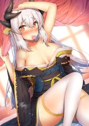 Rule 34 | 1girl, areola slip, armpits, b-ginga, bare shoulders, black kimono, breasts, cover image, curtains, fate/grand order, fate (series), feet out of frame, fingernails, gold trim, hand up, heart, heart-shaped pupils, horns, japanese clothes, kimono, kiyohime (fate), kiyohime (third ascension) (fate), large breasts, long hair, long sleeves, looking at viewer, mouth hold, obi, off shoulder, red eyes, sash, sitting, smile, solo, sweat, symbol-shaped pupils, thighhighs, white hair, white thighhighs, wide sleeves