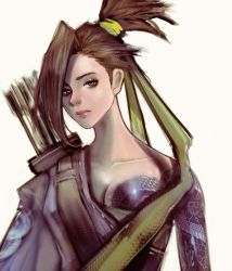 Rule 34 | 1girl, arrow (projectile), bandages, brown hair, closed mouth, cloud, collarbone, dragon, genderswap, genderswap (mtf), green eyes, hair over one eye, hanzo (overwatch), highres, kyung han kim, medium hair, overwatch, overwatch 1, pink lips, ponytail, quiver, simple background, solo, tattoo, upper body, white background